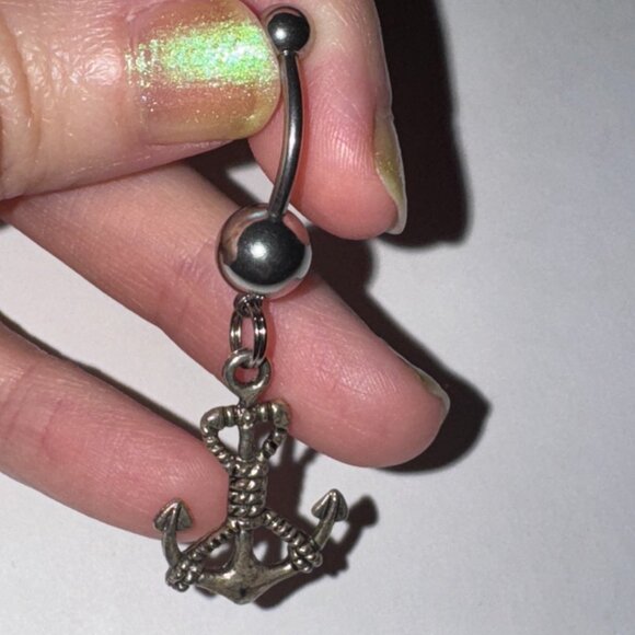 Large Anchor with Rope and Aqua Blue Gem Dangle Belly Ring - Picture 5 of 8